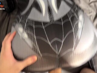 Teen Spider Girl gives POV blowjob with blue eyes