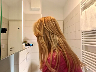 Super hot amazingly beautiful all natural big tits big ass blonde touches her pussy and panties under her skirt in the bathroom