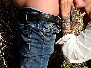 Sunny Outdoor Blowjob, Cum in Mouth, Cum Kissing, Sexy Barbie, Big Lips, Big Tits, Tattoo Girl