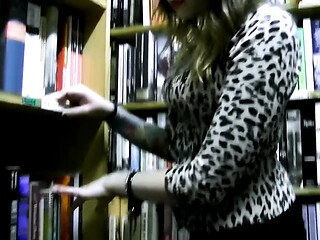 Magic Wand Held on Her Clit by the Bookcase - Girlfriend in Glasses and Stockings Cannot Sit Still