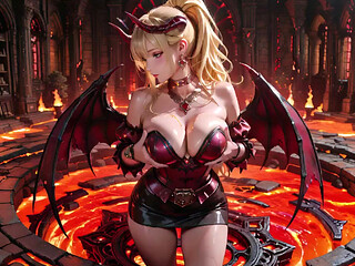 Lava Throne! Blonde Demon Queen Kneels & Spreads Her Wings, Lazy Tease with a Glass.