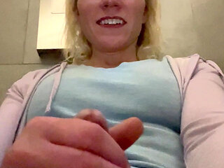Sexy trans woman plays with herself in public bathroom stall at a target restroom