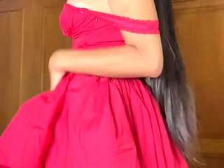 Viviana trans Latina masturbating in red dress speaks dirty Spanish