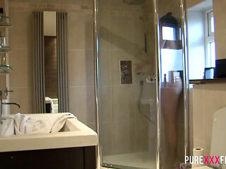 Cutie with pigtails gets fucked in the shower