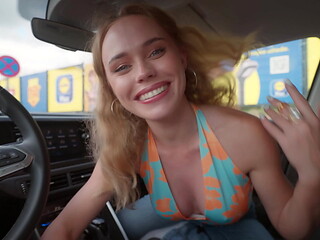 My hot stepmother sucks my cock in the supermarket car park while we wait for my step father