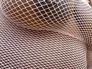 Walking Around in Fishnet Dress Fucking My Pussy on Public Staircase