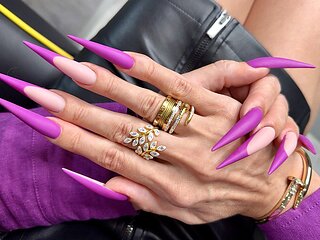New Purple Color Long Nails, Sharp Stilettos, Palms, Long Fingers and Hands Worship, Purple Blouse and Leather Skirt on Me