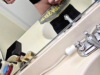 Bathroom Escape Cum and Pee Watching Myself in the Mirror