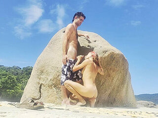 Skinny Brunette Magia Rosa Hides on Rio Beach for Outdoor Blowjob & Sex with Huge Cock