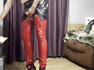 Maninboots red and black pvc outfit with cock ring buttplug and cum