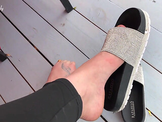 My new shiny slippers dangling everywere outdoor