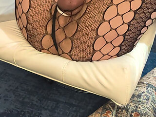 Stroking my cock in fishnets and heels