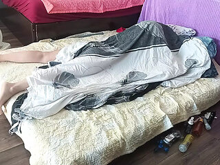 Amateur couple crazy sex in the bedroom. Hot foreplay with a couple, oil massage on the body.