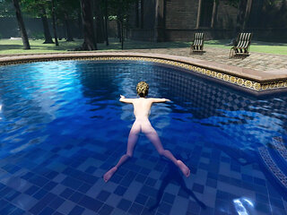 Angels Awakening 12 - Nude Swimming and Lesbian Kiss Scene in a Moonlit Pool