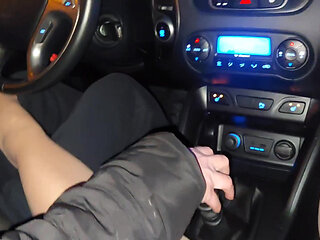 Mature stepmom teases her stepson in the car, in public, with her sexy legs in stockings