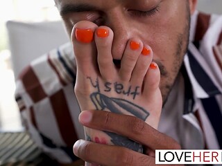 Tattooed brunette Alex Jones worships feet before getting banged hard