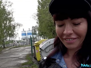 Public Agent gives a deepthroat blowjob outside