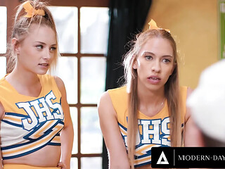 Naughty cheerleaders seduce their coach for a threesome