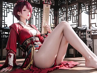 Purple-haired war maiden in a high-slit kimono teases your eyes with a