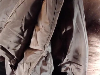 Fucking the shiny lining of a long brown lady wintercoat