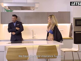 Blonde MILF gives sloppy kitchen blowjob before doggy style