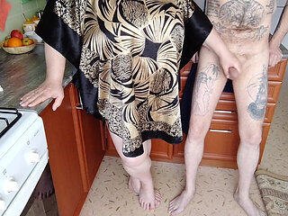 roommate jerks off my cock in the kitchen