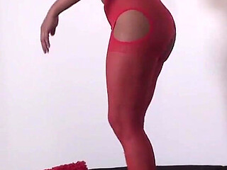 Super Sexy Ebony in Red Pantyhose Walk on Naked Guy