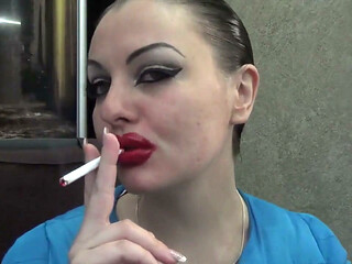 Sexy make-up huge red lips smoking