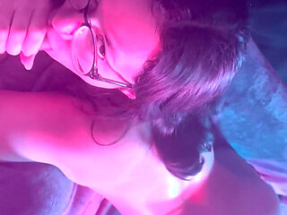 Sucking Dick While I Have a Toy Inside Me with Red and Blue Lighting