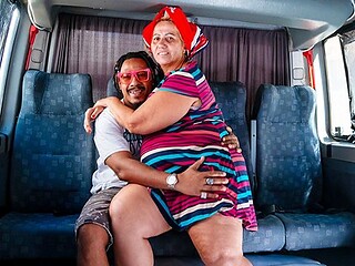 Chubby grandma sucks a young cock in public