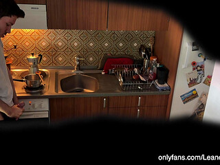 My step-grandpa caught me wanking in his kitchen!