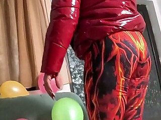 Dominant Red Downjacket MILF Balloon Humiliation. Failed Erection, Big Dildo Riding and Popping