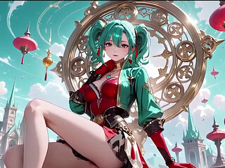 Green-haired warrior in a black-red battle robe, commanding yet shy on the floating terrace.