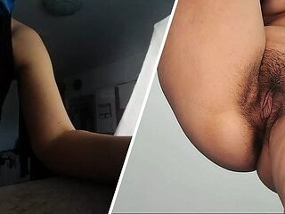 Sexy brunette  with moans. hairy pussy with moans.