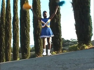 Two lucky guys nail a curvy ebony cheerleader with huge boobs
