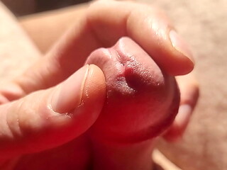 Edging from flaccid and playing with precum, natural light