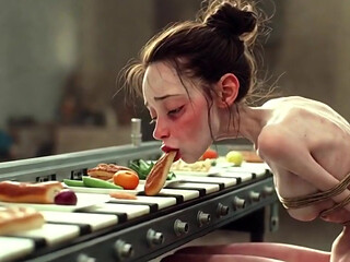 Extremely Skinny Girl Bound - Stuffed with Food Until Full