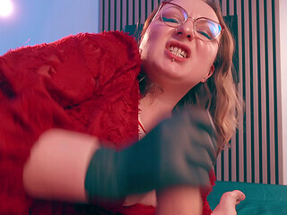 A nasty MILF Mistress fucks her slave while covering his mouth with a black glove, and then milks everything she wants out of him