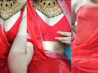 Indian Gay Crossdresser Bottom Gaurisissy Real XXX Homemade Sex in Red Saree with Heavy Jwellery