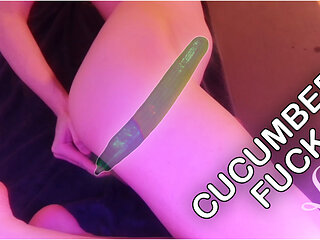 Riding cuCUMber for a huge Belly Bulge!