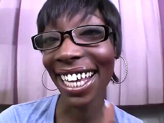 Cute ebony chick deepthroats and drains a hard cock at