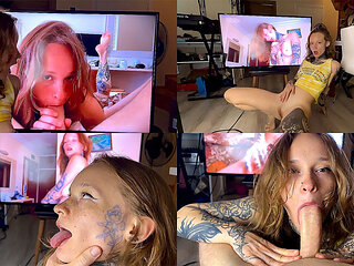 Ginger Petite 18 Yo Porn Model Gives Blowjob and Deepthroat to Her Fan