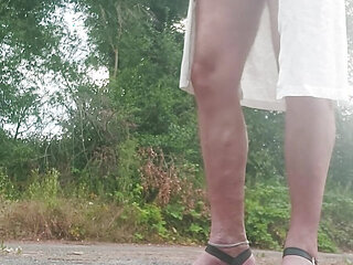Outdoor mastrubation in summer clohtes on publick roads