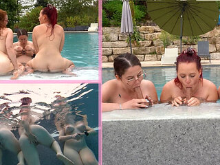 French Lesbian Threesome Pool Fingering with Big Natural Tits and Huge Dildo