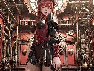 Steampunk Duchess! Red-haired Mechanical Girl Teasing in the Gear Hall.