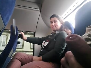 MILF gets seduced into sucking and jerking his big dick on a public bus