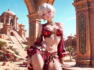 Desert Fantasy! Silver-haired Saintess's Private Dance in the Red-gold Palace, Light Ribbons Wrapping Around Her.