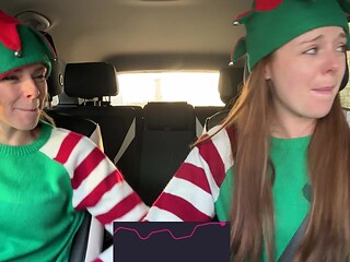 Nadia Foxx & Serenity Cox as Horny Elves cumming in drive thru with remote controlled vibrators / 4K