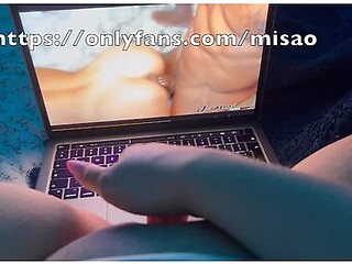 Playing with my heavy tits and masturbating to a wild gangbang