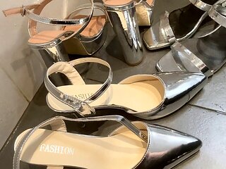 Fetishlover999 gets off in silver high-heeled slippers and spandex pantyhose